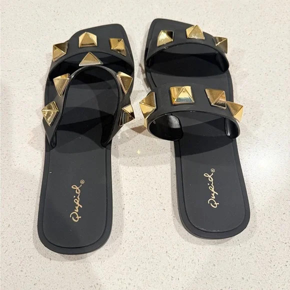 TALULAH Black Sandals with Gold Accents - Picture 2 of 5